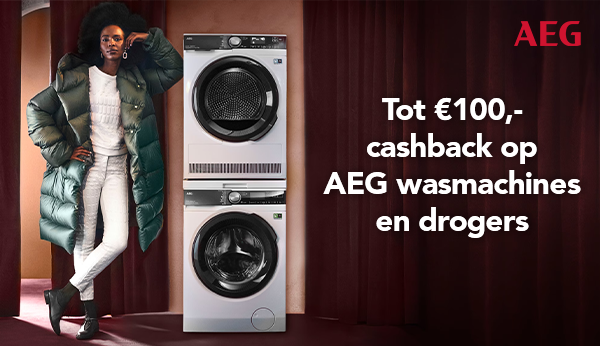 Krijg tot € 100 cashback bij aankoop van een AEG wasmachine, droger of was-droogcombinatie. 